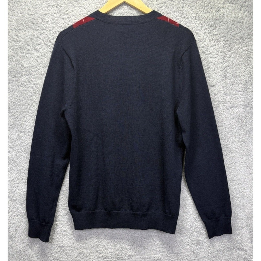 Banana Republic Mens M 100% Merino Wool Sweater Blue Red Argyle V Neck Preppy - Picture 2 of 8